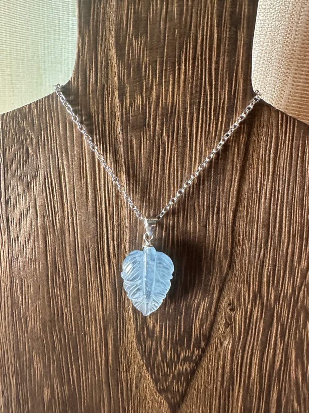 Small Aquamarine Leaf Pendant on Sterling Silver Bail and Silver Plated Chain - Picture 6 of 15